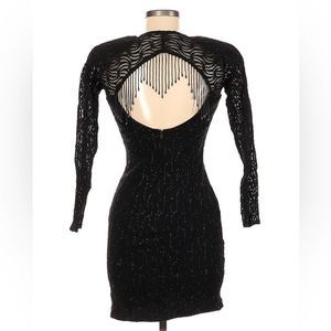 5/$25 Vintage 80s Beaded Long Sleeve Open Back Bodycon Mini Dress Black ZumZum